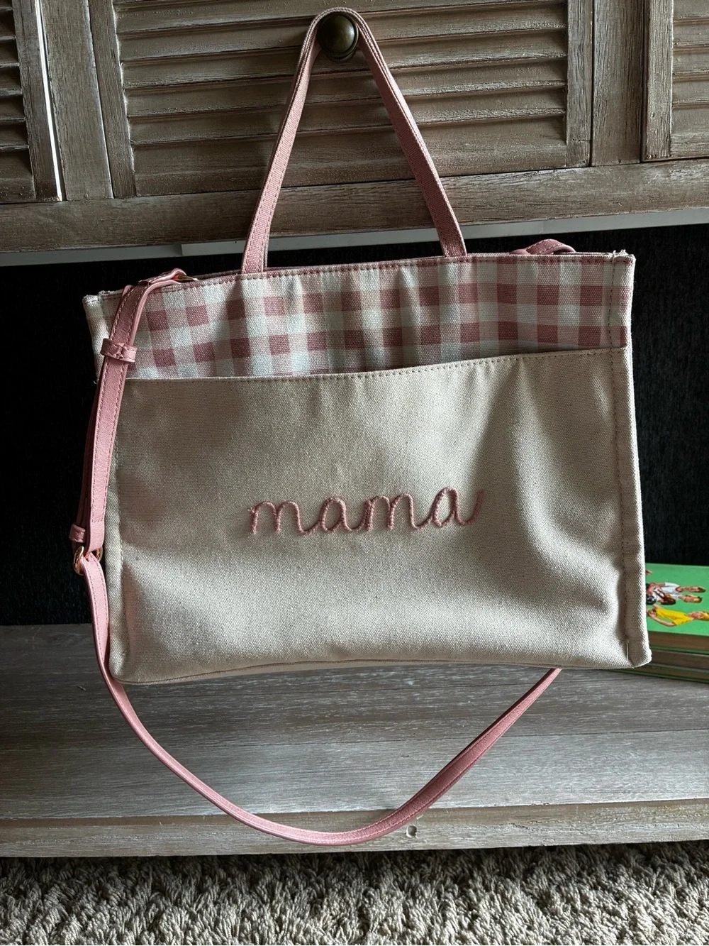 LC Lauren Conrad Mama Cream Canvas Tote with Faux Leather Straps and Pink Accent